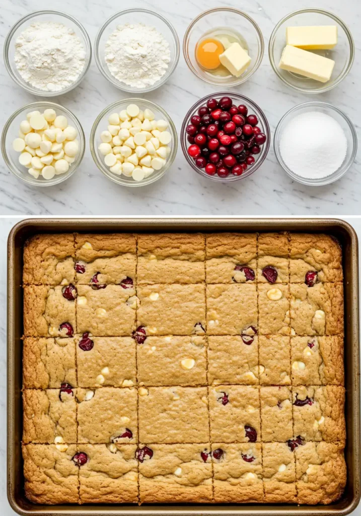 Cranberry White Chocolate Cookie Bars cut into squares, displayed on a parchment-lined tray. 