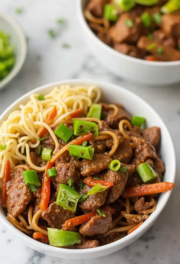 A vibrant bowl of Sweet Chilli Beef Noodles garnished with green onions and sesame seeds, served in a white dish with chopsticks on the side.