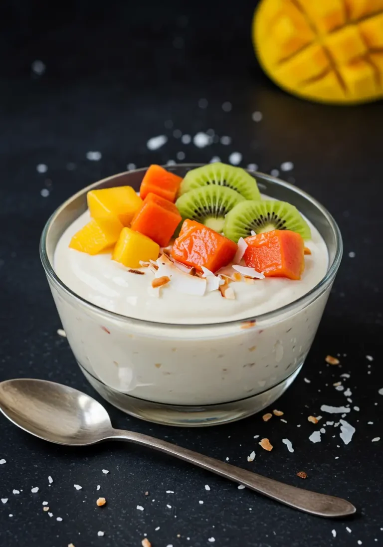 A creamy Coconut Milk Dessert served in a bowl, garnished with shredded coconut and a touch of mint, offering a tropical, dairy-free treat.