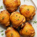 Golden-brown deep-fried chicken thighs, crispy on the outside and juicy on the inside, served on a plate with fresh herbs.