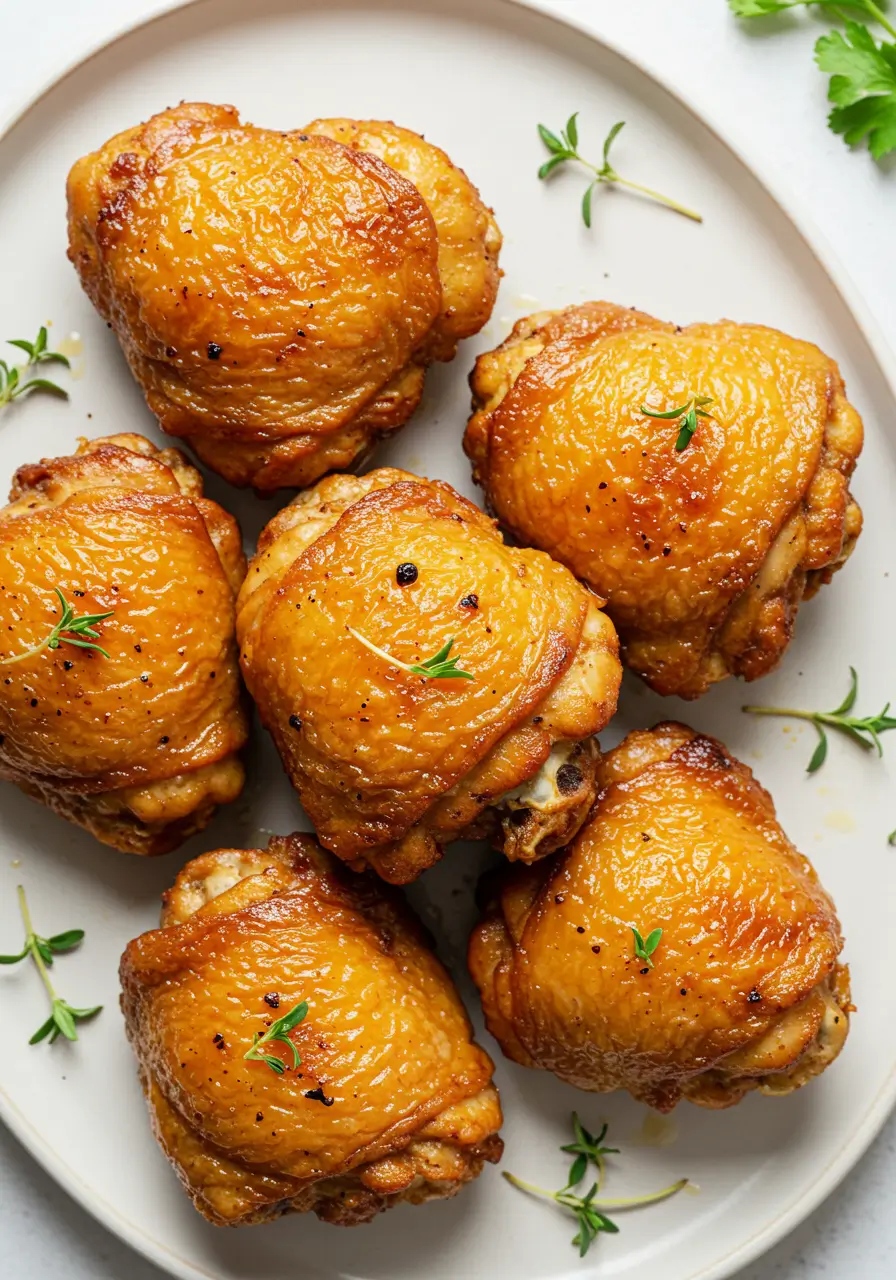 Golden-brown deep-fried chicken thighs, crispy on the outside and juicy on the inside, served on a plate with fresh herbs.