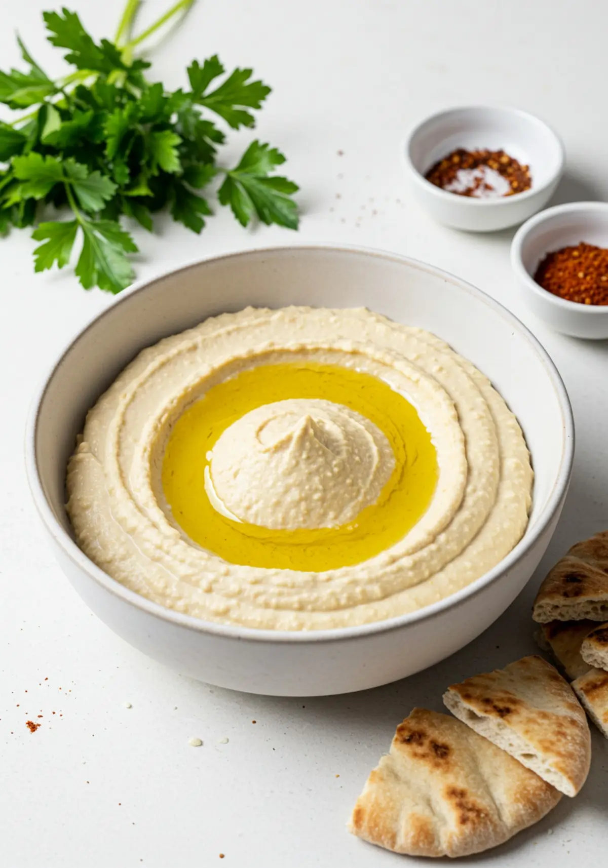 A bowl of creamy homemade hummus garnished with olive oil, paprika, and fresh parsley, served with pita bread and fresh vegetables