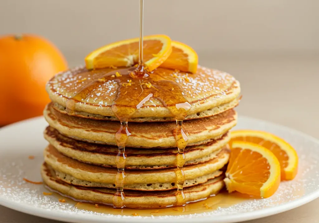 Fluffy orange pancakes stacked with fresh orange slices and drizzled with syrup on a plate