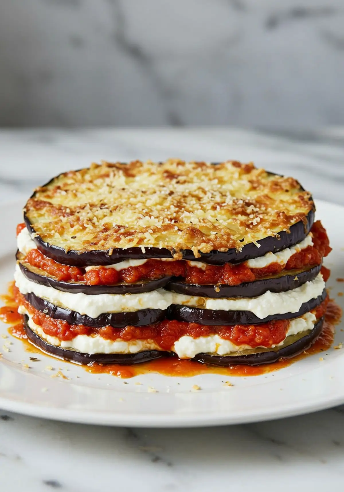 A stack of baked eggplant slices layered with tomato sauce, melted cheese, and fresh basil, resembling a Mediterranean Napoleon.