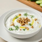 Authentic homemade Haydari, a creamy yogurt dip with garlic, herbs, and olive oil, served in a bowl with fresh bread.