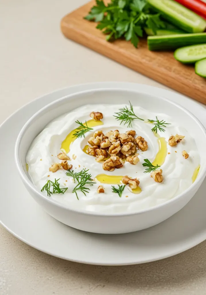 Authentic homemade Haydari, a creamy yogurt dip with garlic, herbs, and olive oil, served in a bowl with fresh bread.