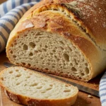 Freshly baked homemade bread with a golden crust, sliced to reveal a soft and fluffy interior, displayed on a wooden countertop with a knife and white napkin