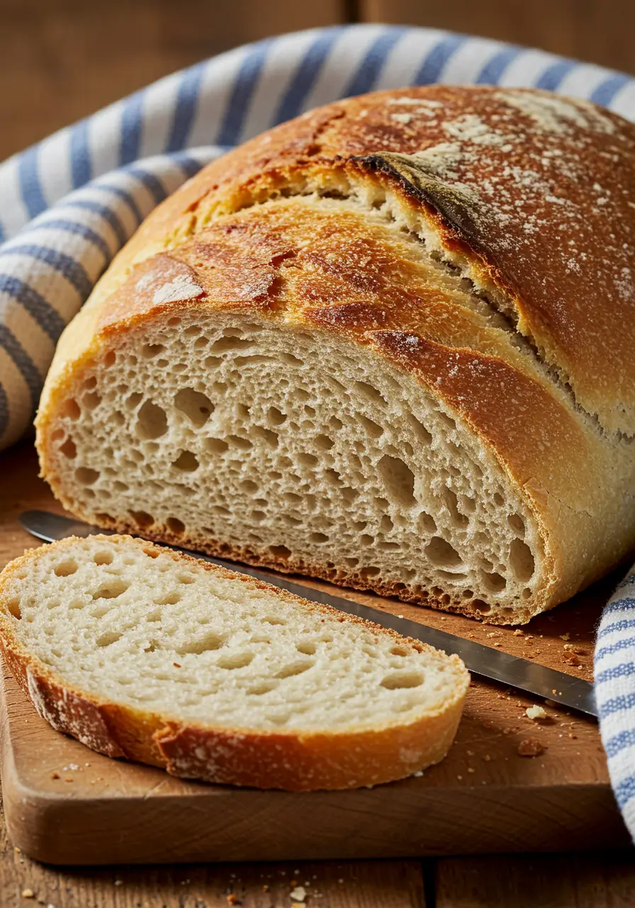 Freshly baked homemade bread with a golden crust, sliced to reveal a soft and fluffy interior, displayed on a wooden countertop with a knife and white napkin