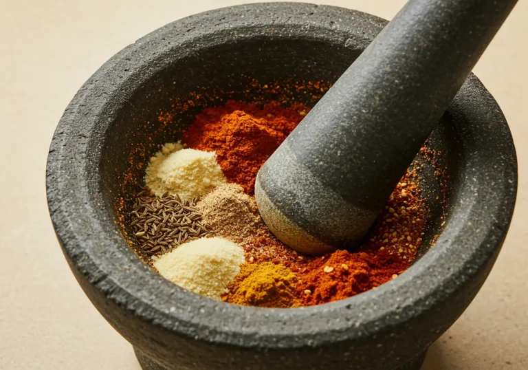 A small bowl filled with homemade burrito seasoning, surrounded by individual spices like chili powder, cumin, and paprika on a wooden table.