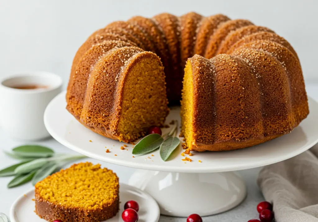 A slice of moist pumpkin bundt cake with a rich, spiced texture, drizzled with a creamy glaze, and topped with a sprinkle of cinnamo