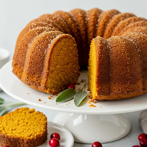 A slice of moist pumpkin bundt cake with a rich, spiced texture, drizzled with a creamy glaze, and topped with a sprinkle of cinnamo