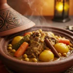 A hearty Moroccan Lamb Stew served in a bowl, featuring tender chunks of lamb, sweet apricots, chickpeas, and carrots, simmered in a fragrant blend of spices like cumin, cinnamon, and turmeric. Garnished with fresh cilantro and served with couscous.