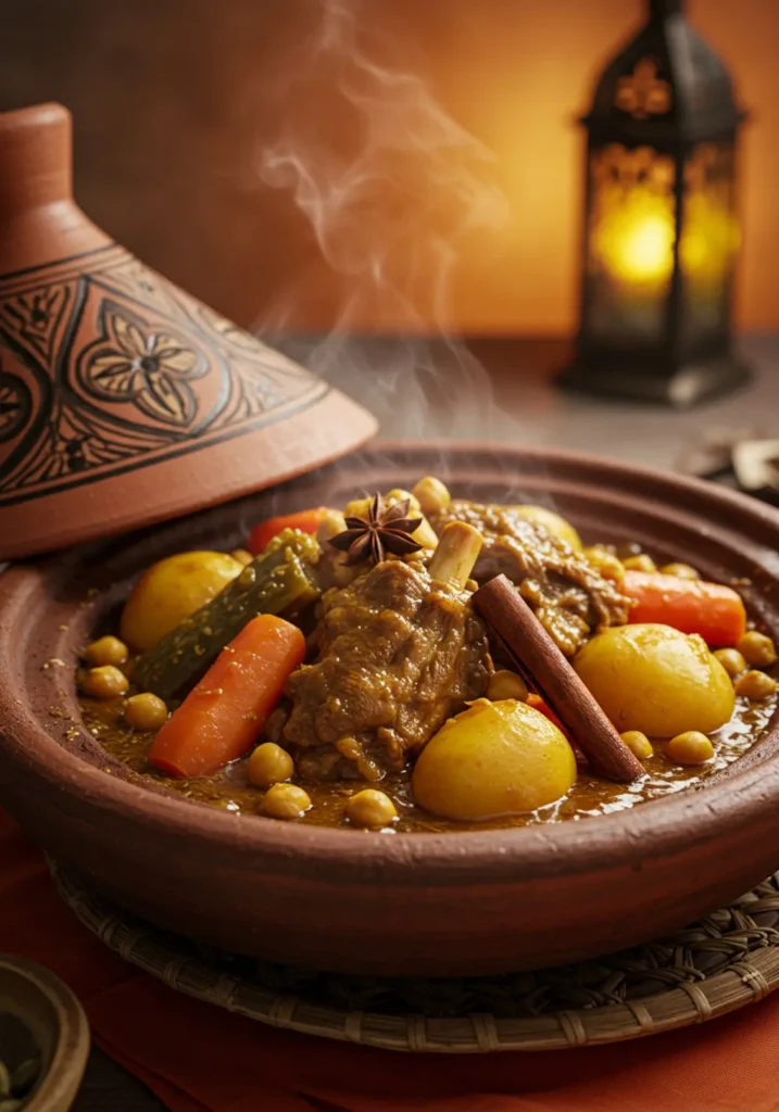 A hearty Moroccan Lamb Stew served in a bowl, featuring tender chunks of lamb, sweet apricots, chickpeas, and carrots, simmered in a fragrant blend of spices like cumin, cinnamon, and turmeric. Garnished with fresh cilantro and served with couscous.