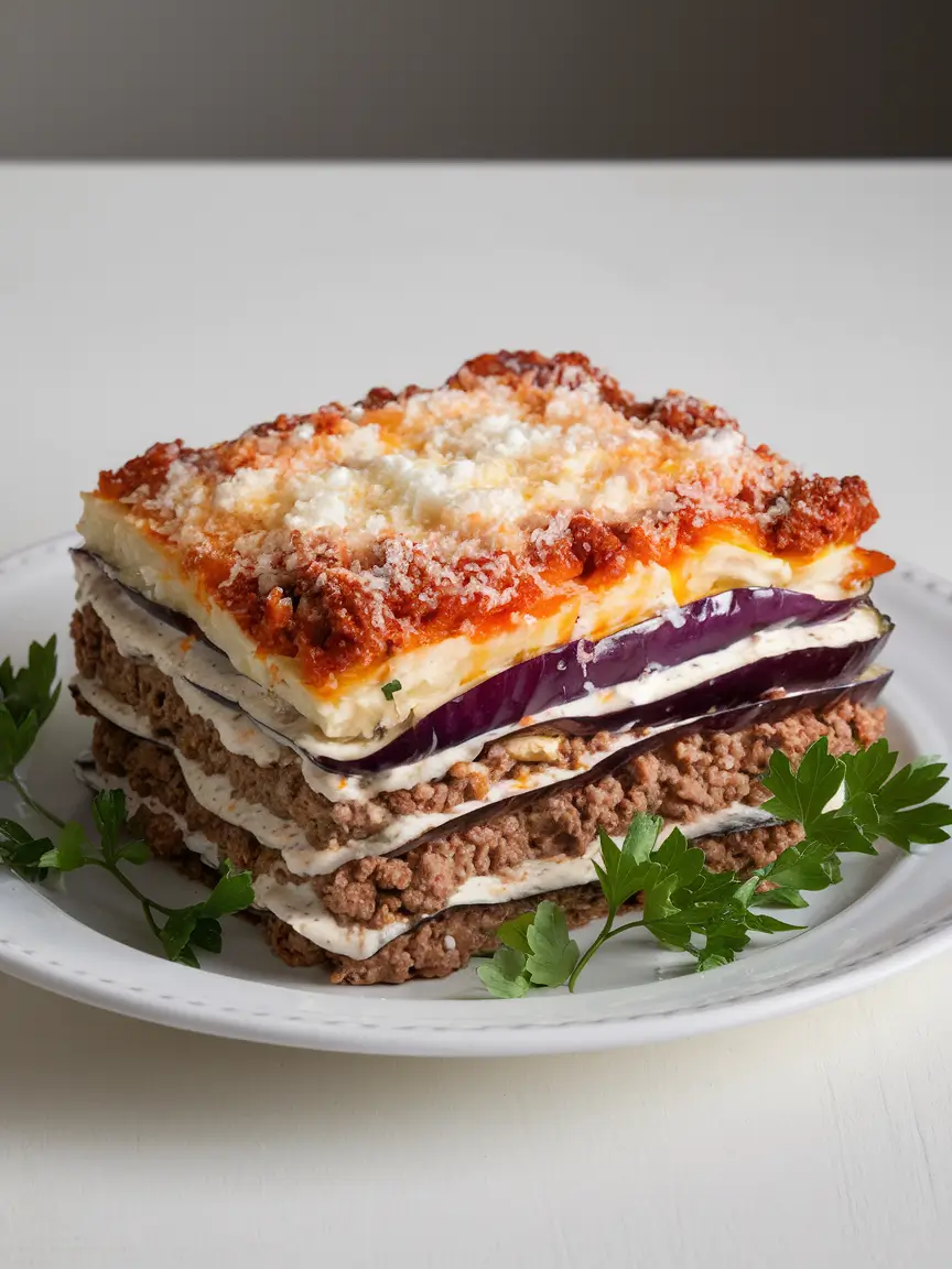 A traditional Greek moussaka with layers of golden-baked eggplant, spiced meat sauce, and creamy béchamel, served in a casserole dish