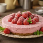 Delicious no-bake strawberry cheesecake with fresh strawberry topping and a golden graham cracker crust.