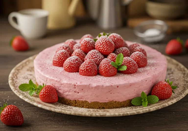 Delicious no-bake strawberry cheesecake with fresh strawberry topping and a golden graham cracker crust.