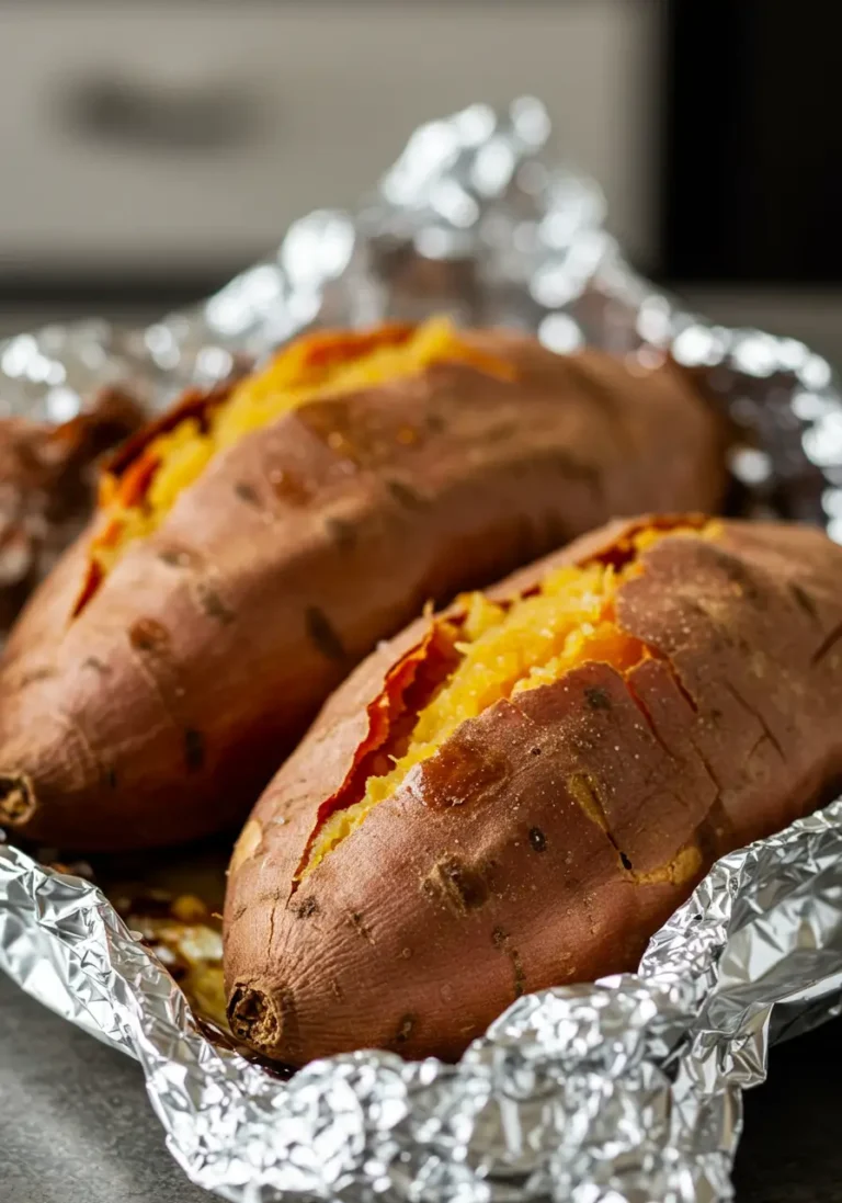 Sweet potatoes wrapped in foil, roasted to perfection with a crispy skin and tender inside.