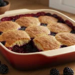 A warm blackberry cobbler with a golden crust, served in a baking dish, topped with fresh blackberries and a scoop of vanilla ice cream.