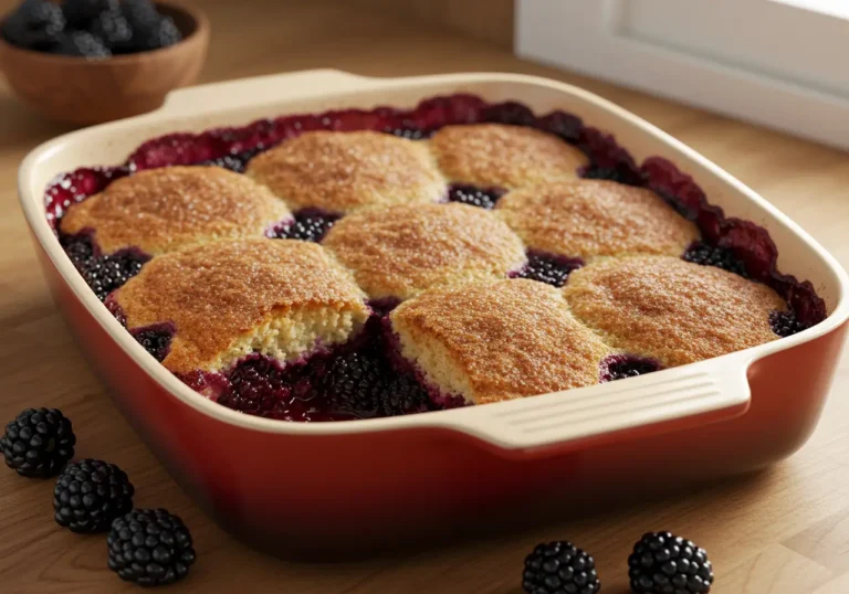 A warm blackberry cobbler with a golden crust, served in a baking dish, topped with fresh blackberries and a scoop of vanilla ice cream.