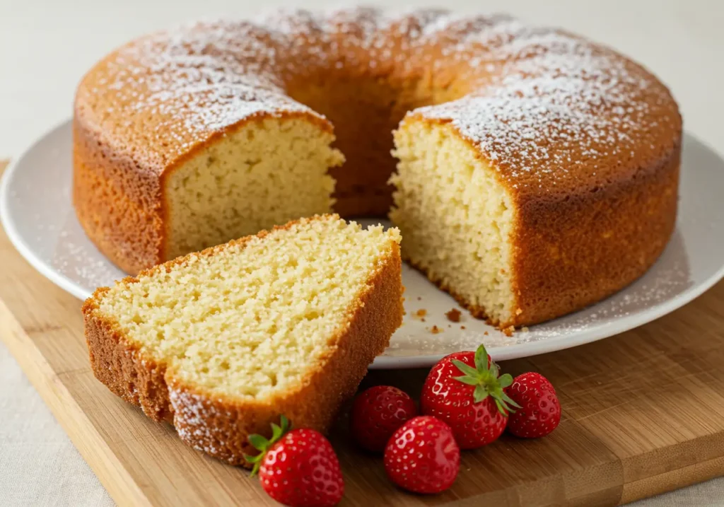 A slice of moist, golden Madeira cake on a plate, with a light dusting of powdered sugar and a few fresh berries for garnish