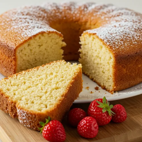 A slice of moist, golden Madeira cake on a plate, with a light dusting of powdered sugar and a few fresh berries for garnish