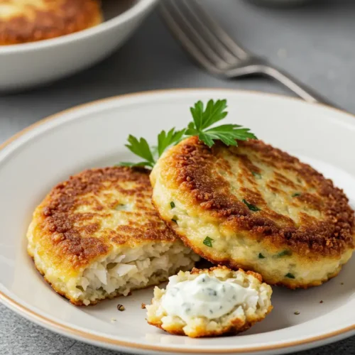 Crispy golden-brown fish cakes served on a plate with a side of lemon wedges and fresh herbs.