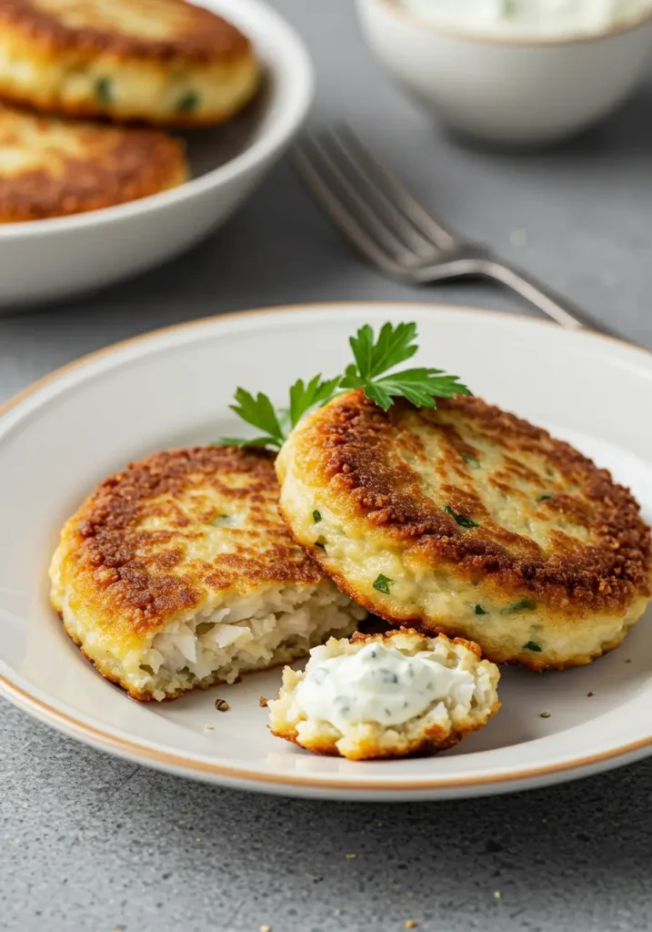 Crispy golden-brown fish cakes served on a plate with a side of lemon wedges and fresh herbs.