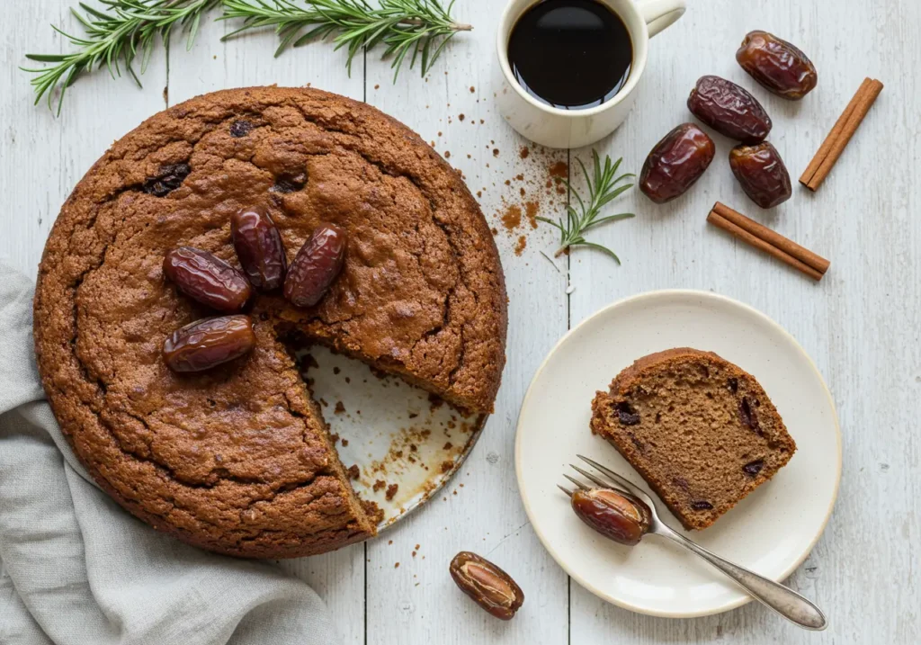 A moist and wholesome date cake topped with chopped nuts, served on a wooden plate for a healthy and delicious dessert.