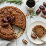 A moist and wholesome date cake topped with chopped nuts, served on a wooden plate for a healthy and delicious dessert.