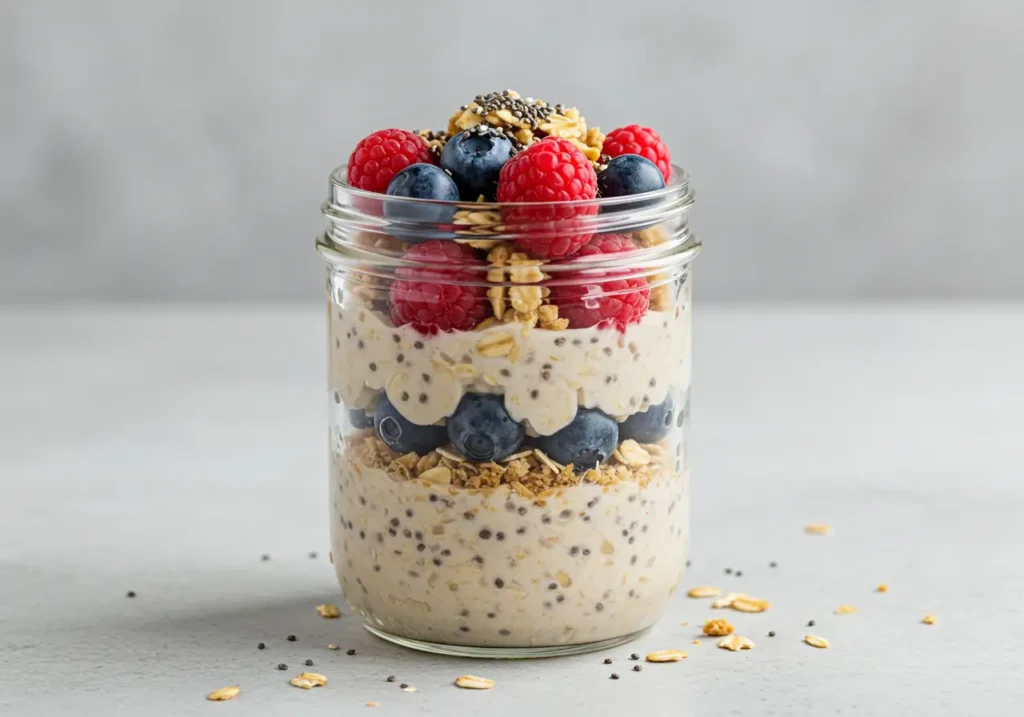 A jar of creamy overnight oats topped with fresh berries, nuts, and a drizzle of honey, perfect for a healthy breakfast