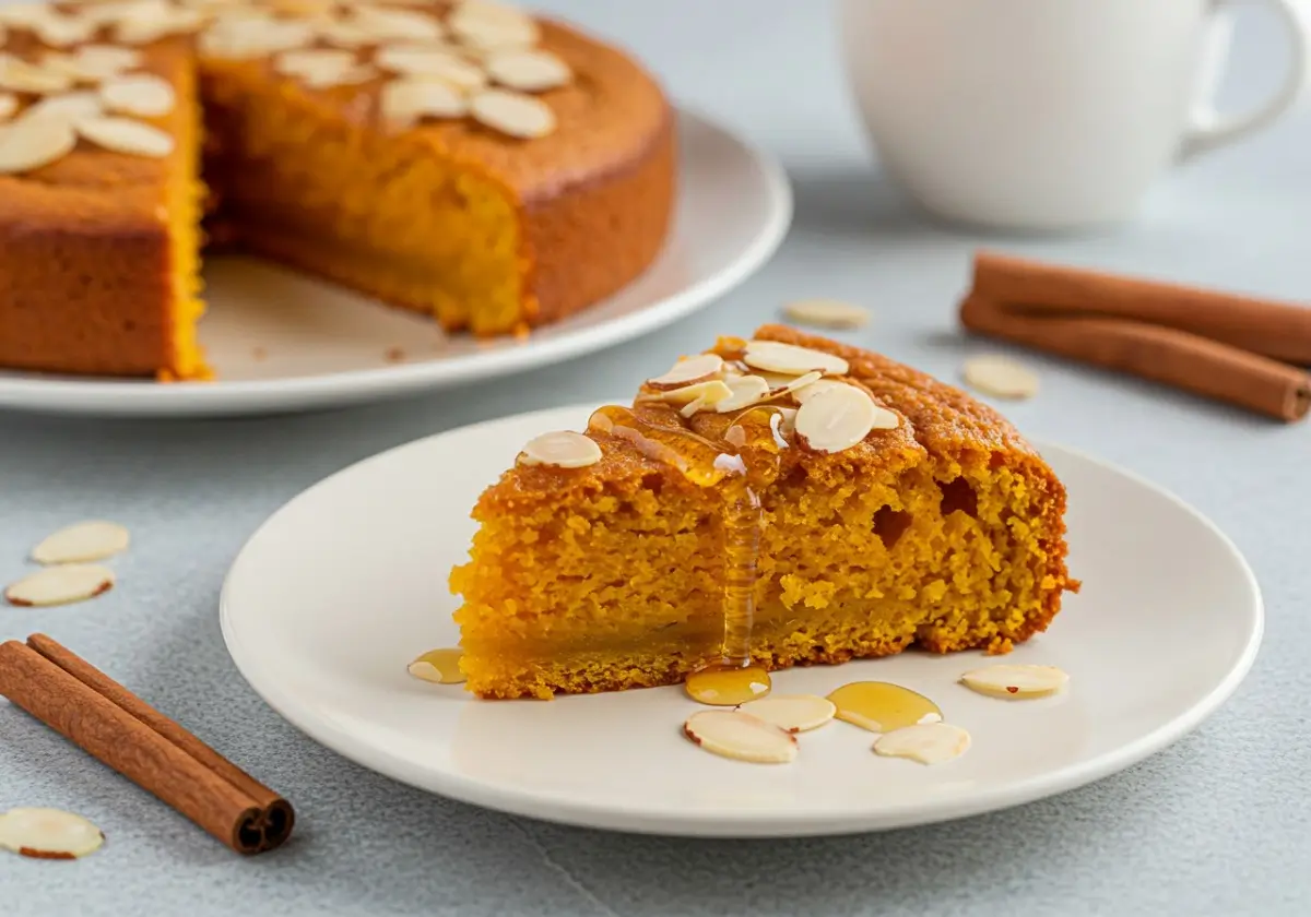 A slice of healthy sweet potato cake topped with a light frosting and garnished with a sprinkle of cinnamon and pecans.