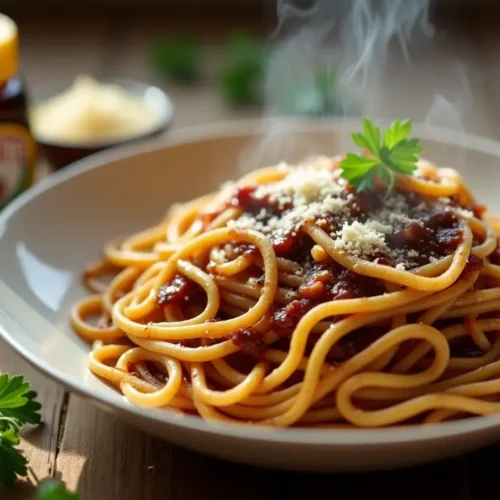 A plate of easy Marmite pasta coated in a glossy, savory sauce, garnished with Parmesan cheese and fresh parsley.