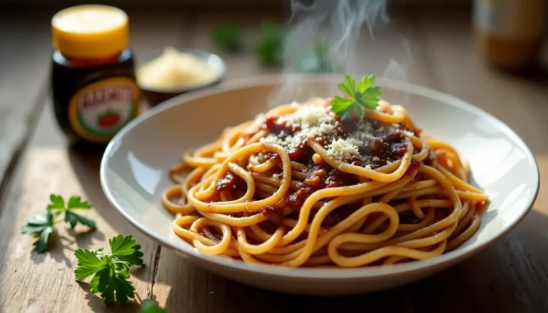 A plate of easy Marmite pasta coated in a glossy, savory sauce, garnished with Parmesan cheese and fresh parsley.