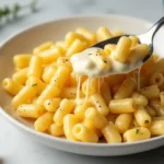 A close-up of a saucepan with a creamy cheese sauce made from cheddar, Greek yogurt, and milk, being stirred with a whisk