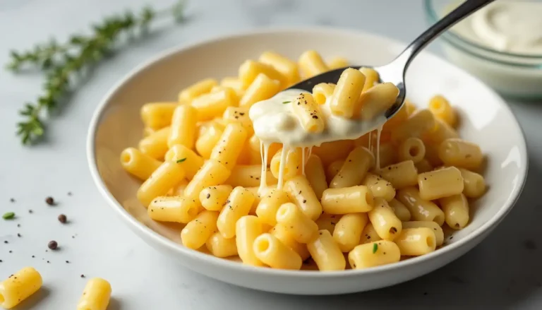 A close-up of a saucepan with a creamy cheese sauce made from cheddar, Greek yogurt, and milk, being stirred with a whisk