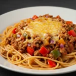 A family-style serving of Mexican Spaghetti in a large bowl, surrounded by optional toppings like sour cream, jalapeños, and avocado slices.