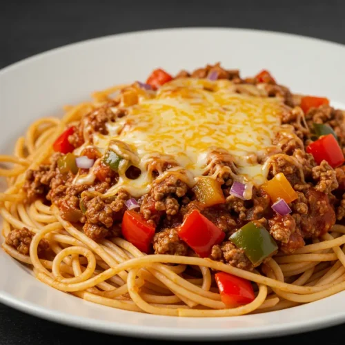 A family-style serving of Mexican Spaghetti in a large bowl, surrounded by optional toppings like sour cream, jalapeños, and avocado slices.