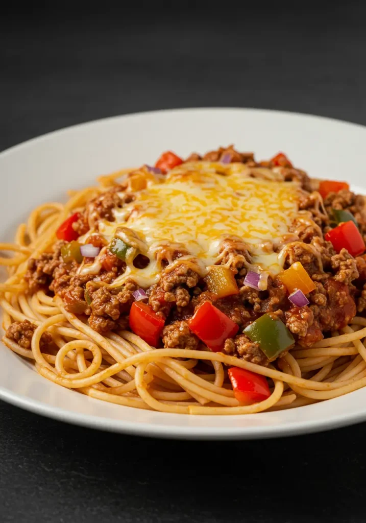 A family-style serving of Mexican Spaghetti in a large bowl, surrounded by optional toppings like sour cream, jalapeños, and avocado slices.