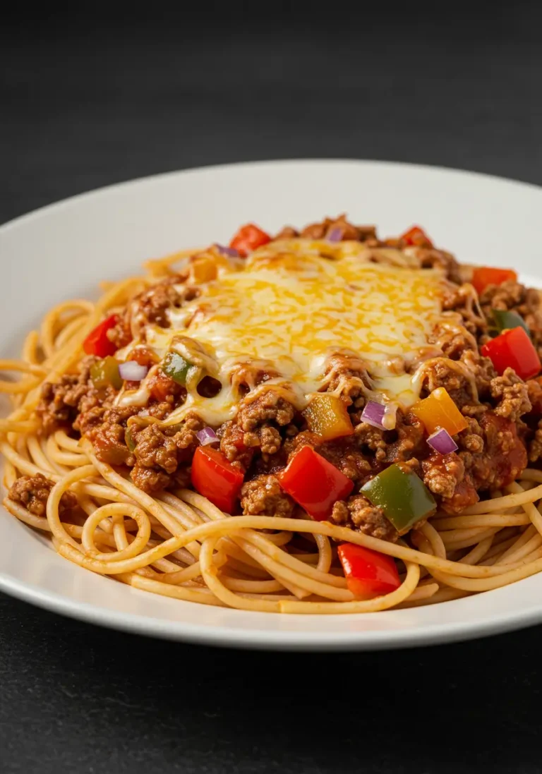 A family-style serving of Mexican Spaghetti in a large bowl, surrounded by optional toppings like sour cream, jalapeños, and avocado slices.