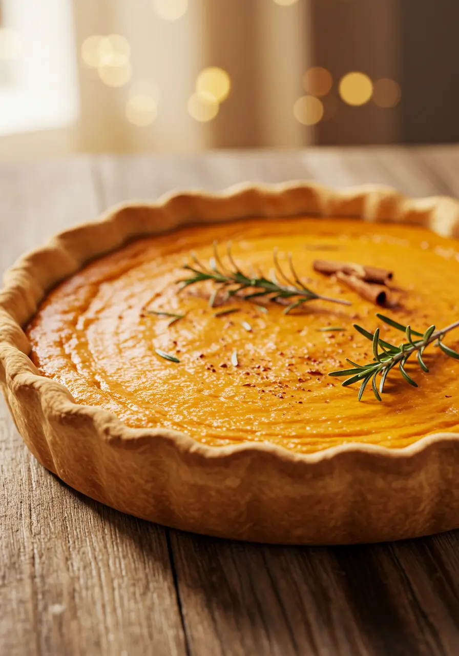 A slice of custard pumpkin pie with a smooth, creamy filling and a flaky crust, served on a plate with whipped cream.