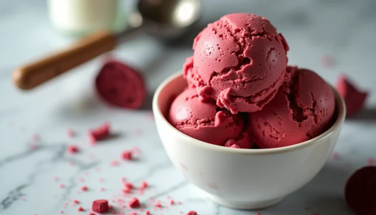 A bowl of creamy red velvet ice cream with a vibrant red color, topped with crumbled red velvet cake and a drizzle of white chocolate.