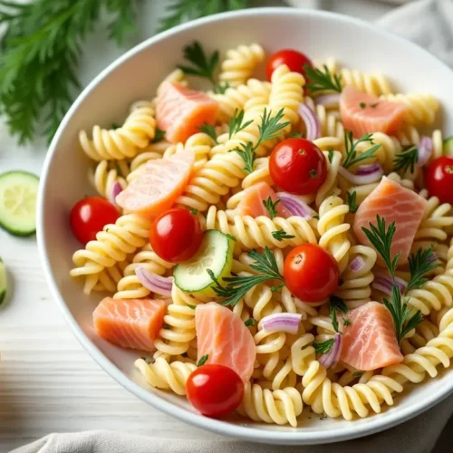 A bowl of smoked salmon pasta salad with colorful cherry tomatoes, cucumber, and fresh dill, served as a refreshing meal.