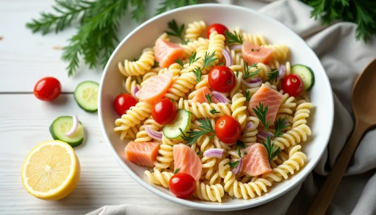 A bowl of smoked salmon pasta salad with colorful cherry tomatoes, cucumber, and fresh dill, served as a refreshing meal.