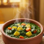 A bowl of rich and flavorful spinach stew with tender greens, simmering in a savory sauce, garnished with fresh herbs.