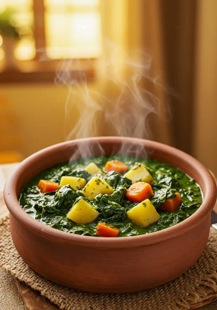 A bowl of rich and flavorful spinach stew with tender greens, simmering in a savory sauce, garnished with fresh herbs.