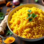 A saucepan on the stove with turmeric, cumin, and rice being toasted in olive oil, creating a fragrant base for the dish.