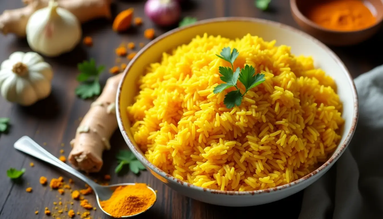 A saucepan on the stove with turmeric, cumin, and rice being toasted in olive oil, creating a fragrant base for the dish.